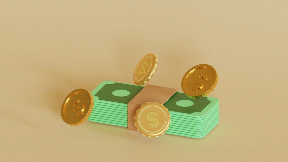 Ein Haufen Geld sitzt auf einem Stapel Goldmünzen