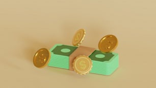 a pile of money sitting on top of a pile of gold coins