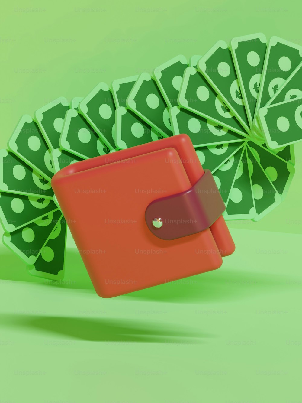 a red wallet with money coming out of it