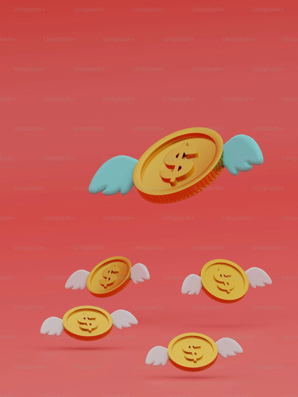 Ein Bündel Münzen mit Engelsflügeln um sie herum