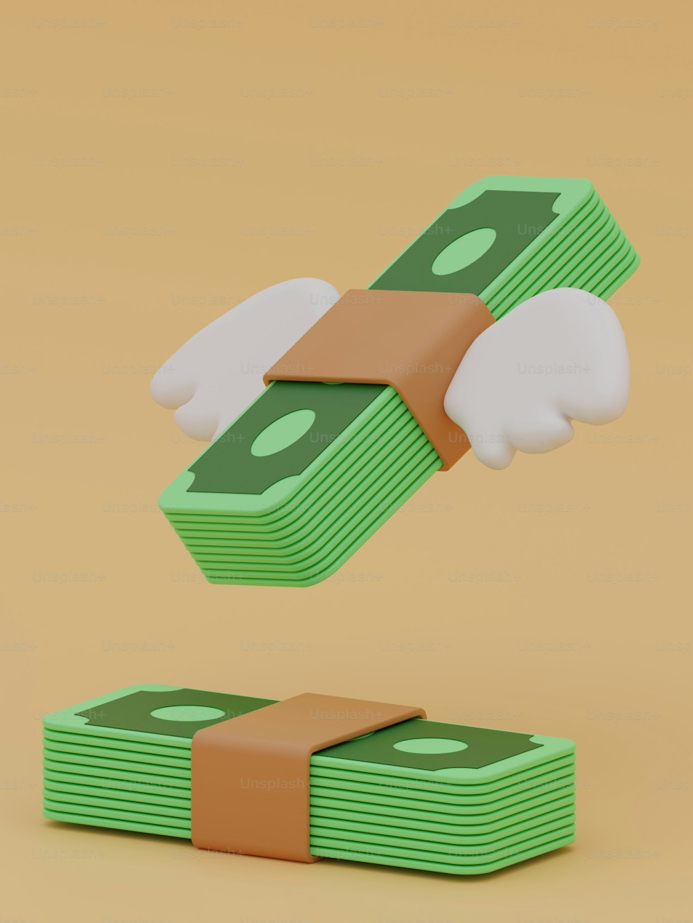Una pila de dinero verde y blanco con una etiqueta marrón