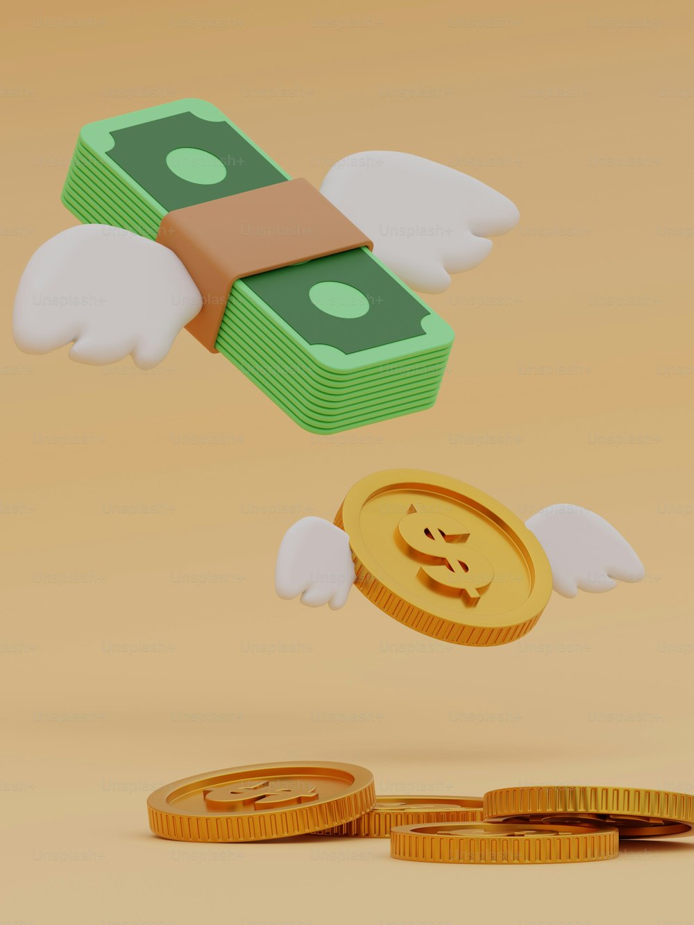 uma pilha de dinheiro voando sobre uma pilha de moedas
