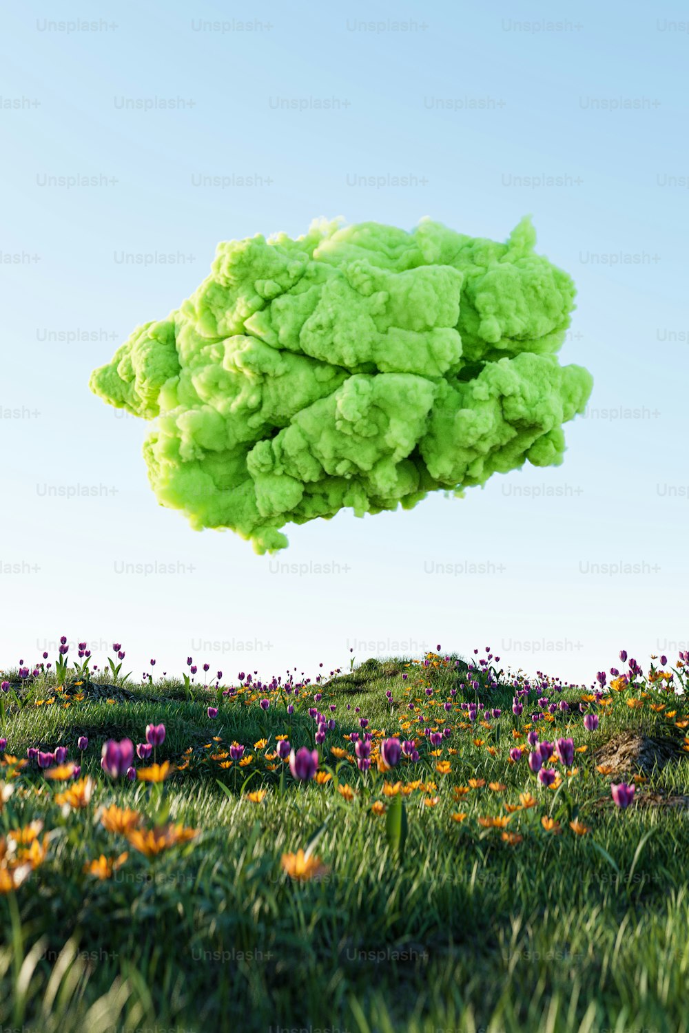 a green cloud floating over a lush green field