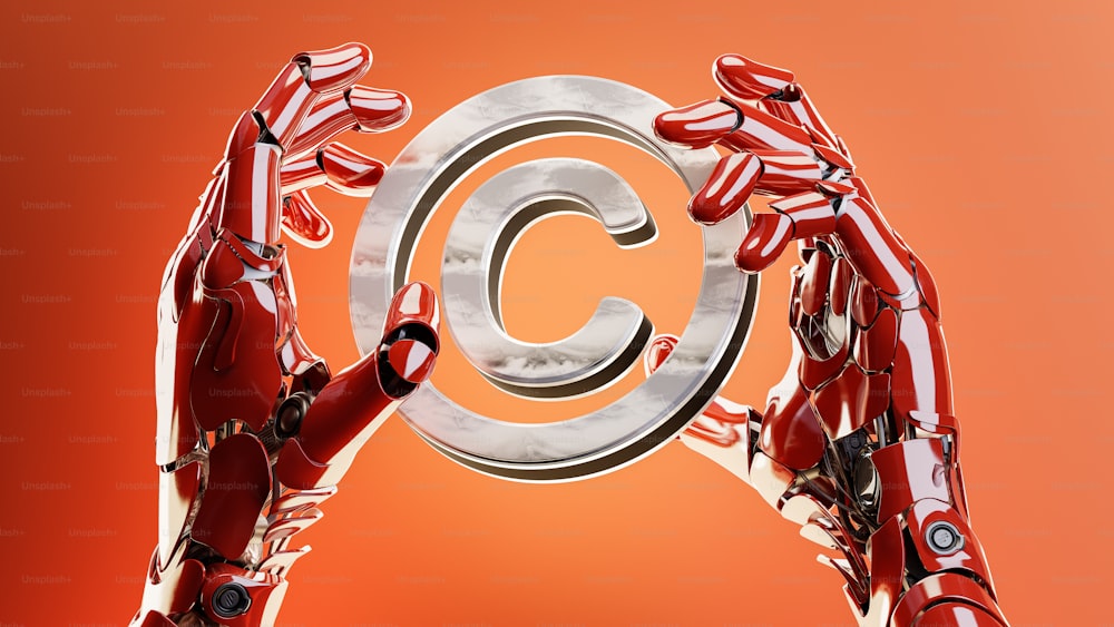 a red robot holding a sign with the letter c