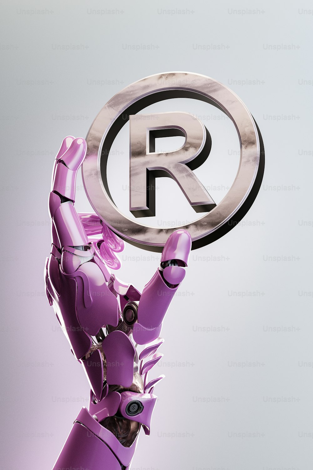 Rの��文字が書かれた看板を掲げるロボット