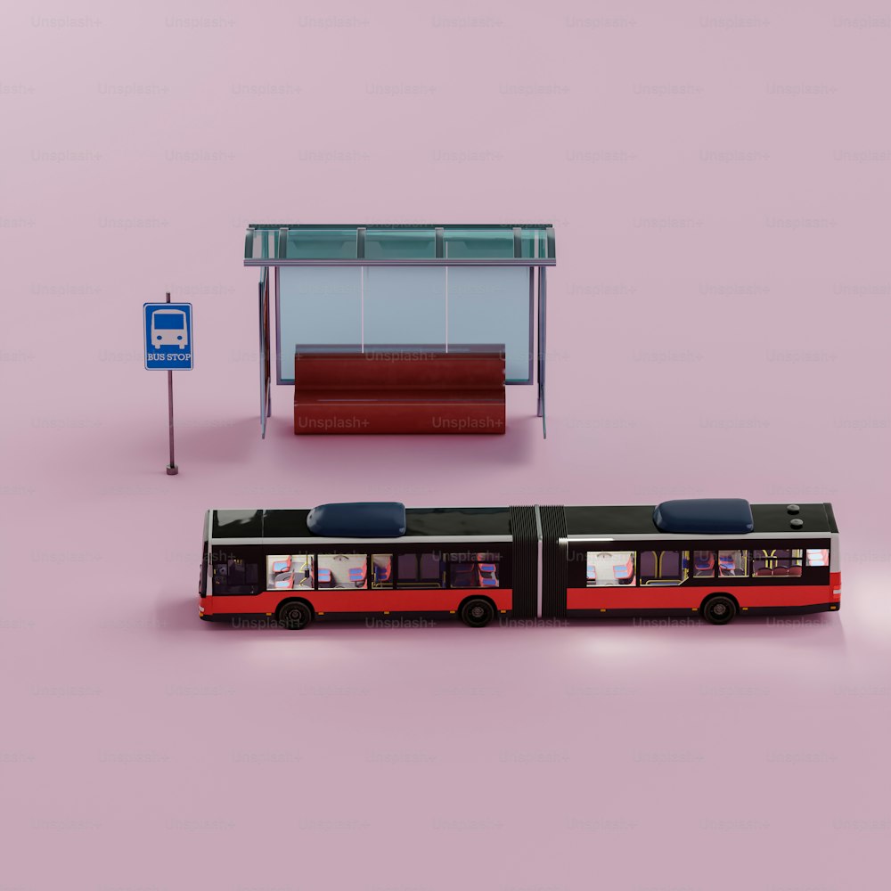 a red and black bus parked in front of a bus stop
