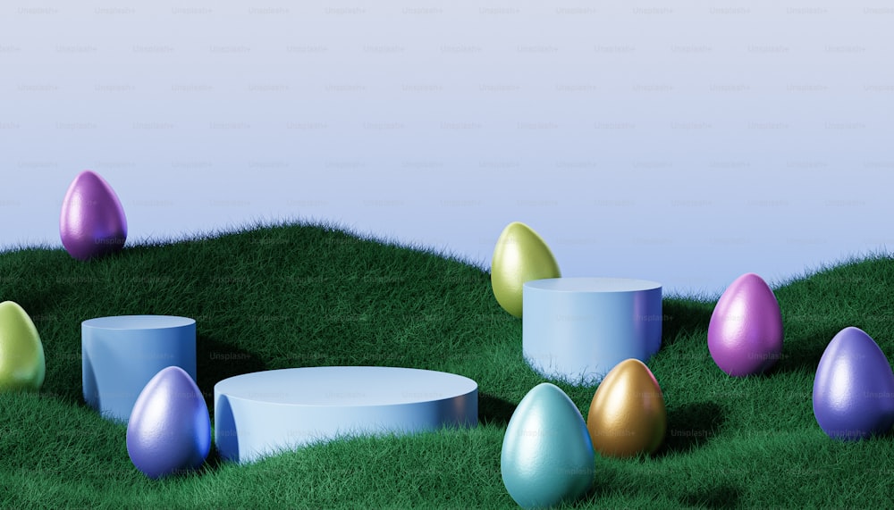 a group of eggs sitting on top of a lush green field