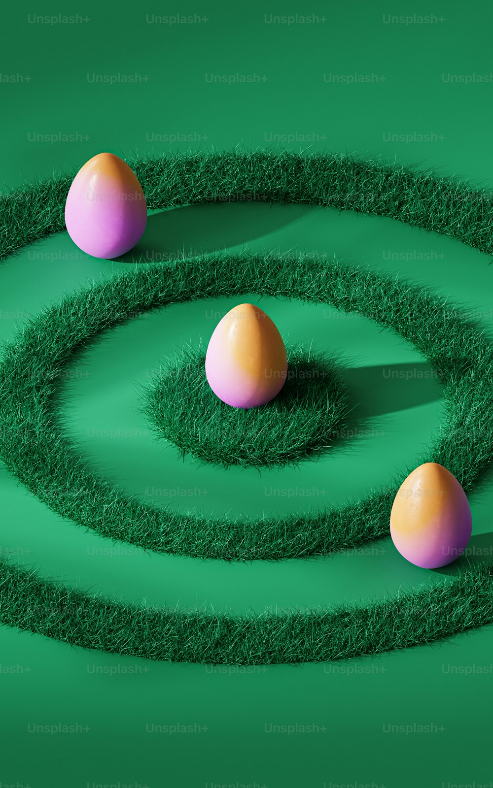 três ovos estão em uma espiral em uma superfície verde