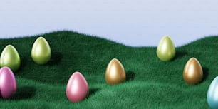 a group of eggs sitting on top of a lush green field