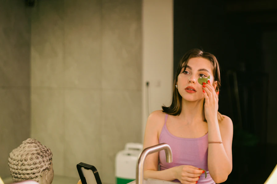 woman in her 60s looking in bathroom mirror in the morning calm satisfied expression natural light bathroom modern clean home setting
