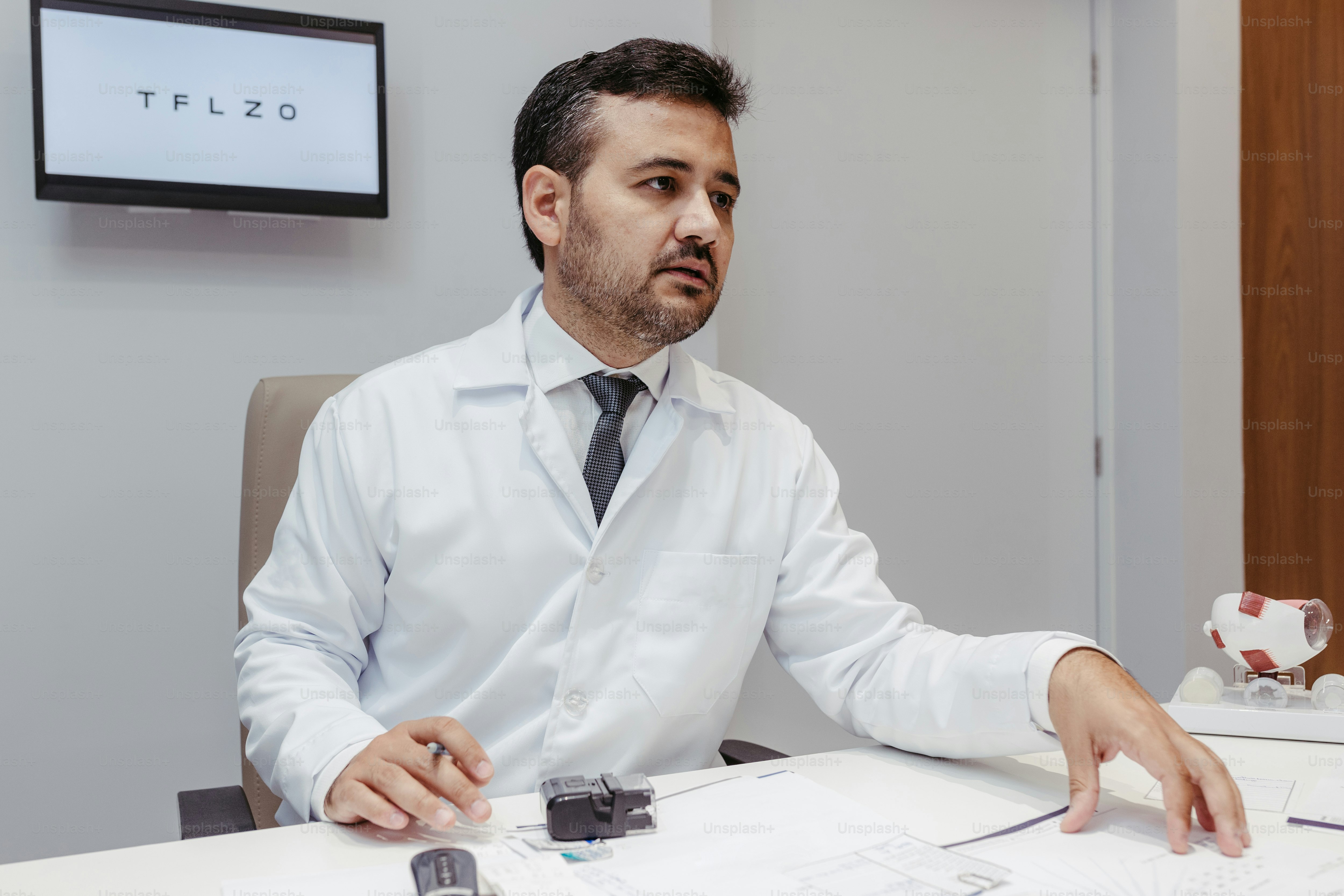 a man in a white shirt and tie sitting at a desk