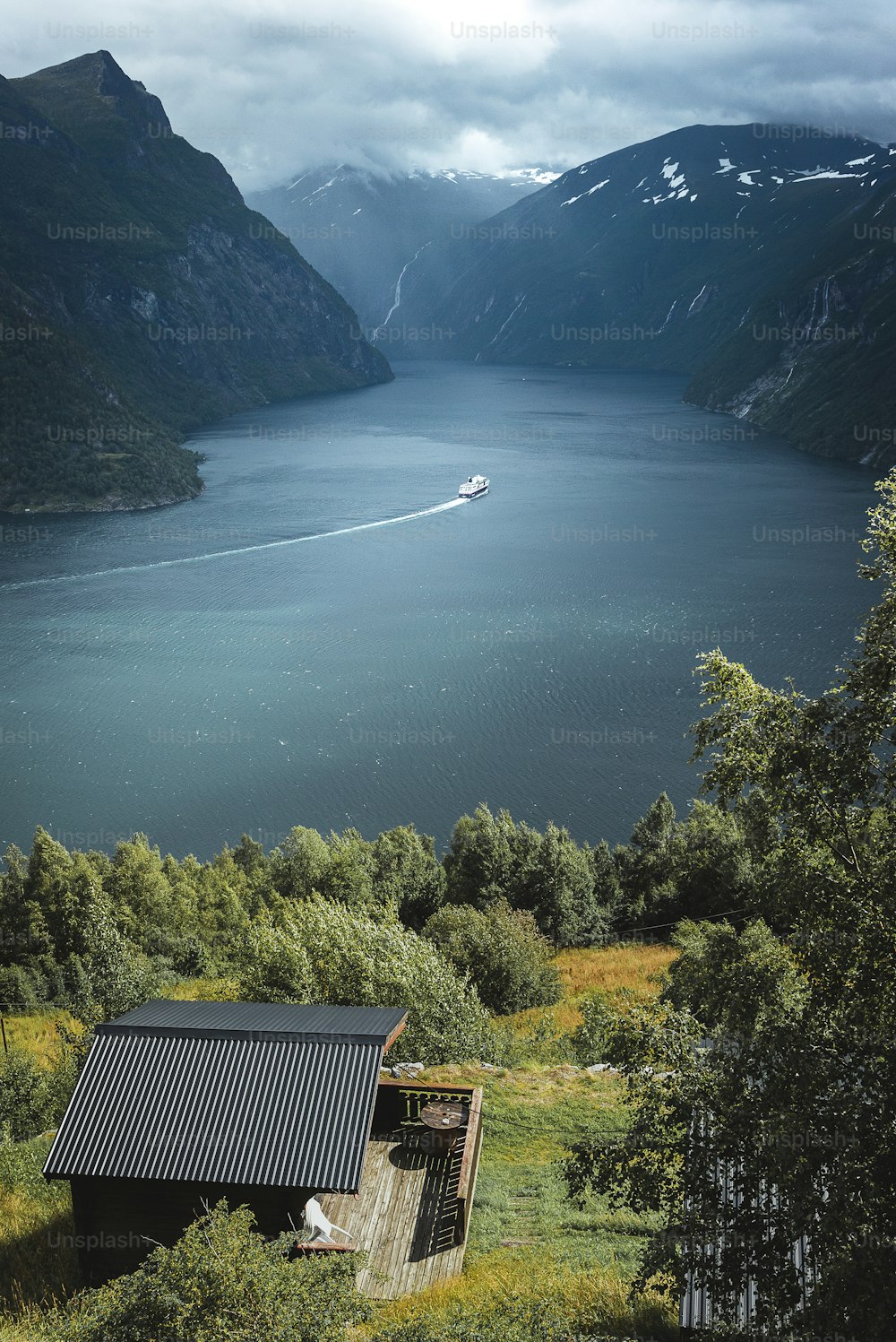 a boat is in a large body of water