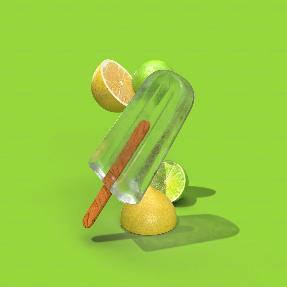 a popsicle, lemons, and an ice cream on a green background