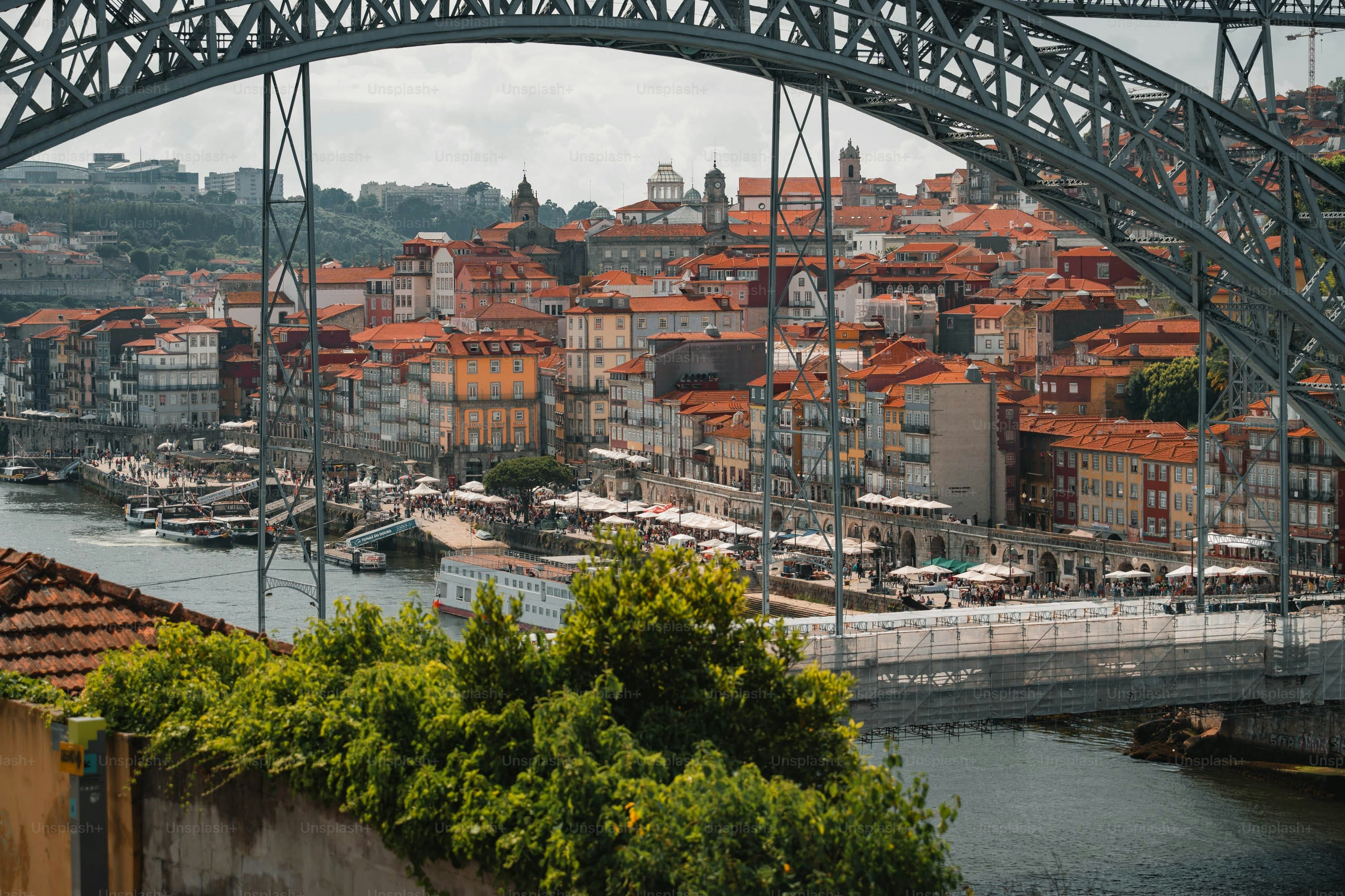 a bridge over a body of water with a city in the background