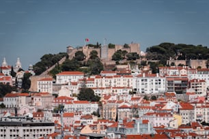 Una vista di una città con un castello sullo sfondo