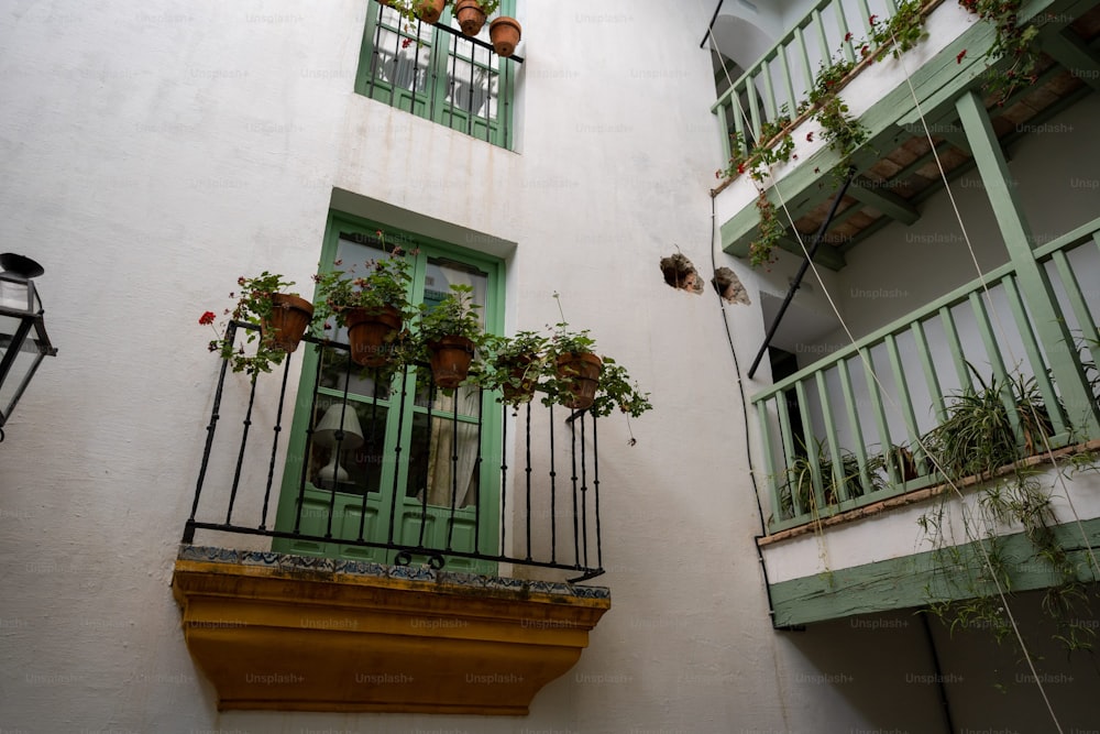 a balcony with potted plants on the balconies