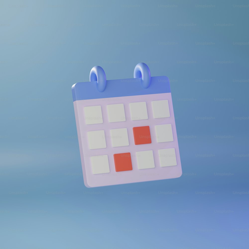 a blue and white calendar with red squares