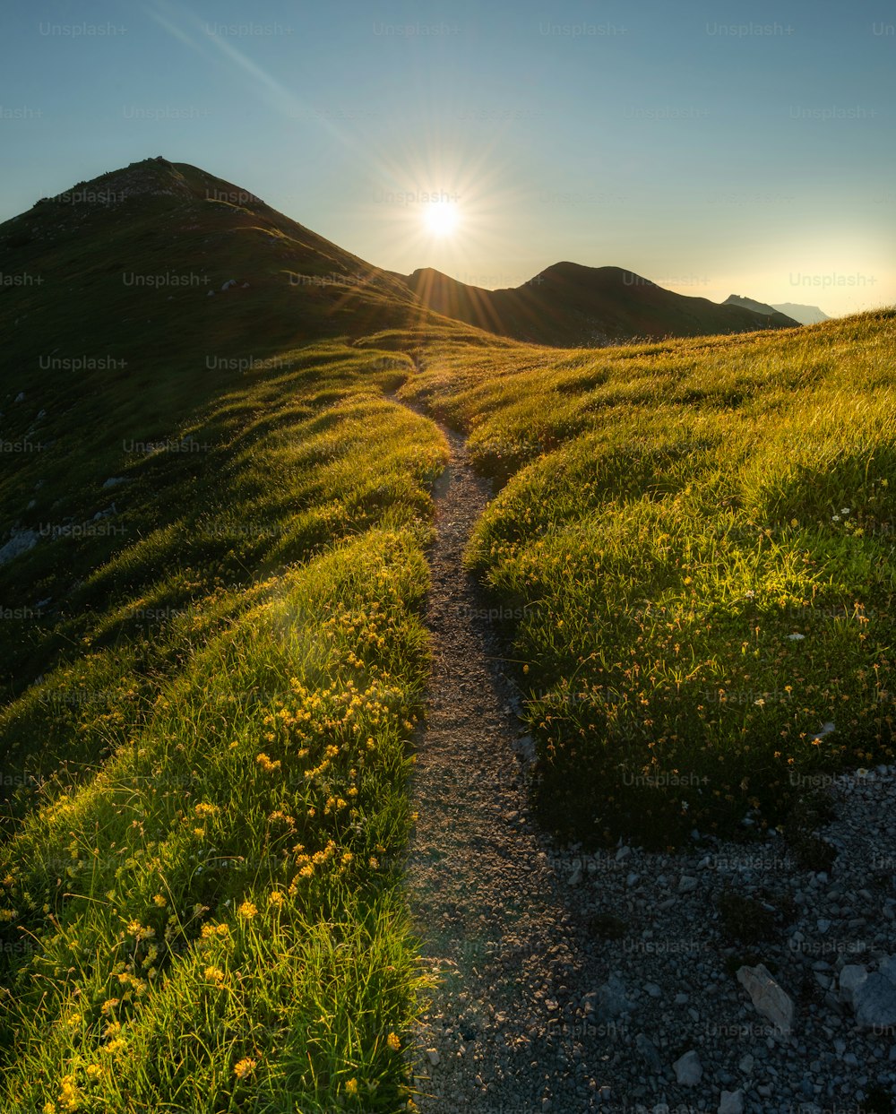 the sun is setting over a grassy hill