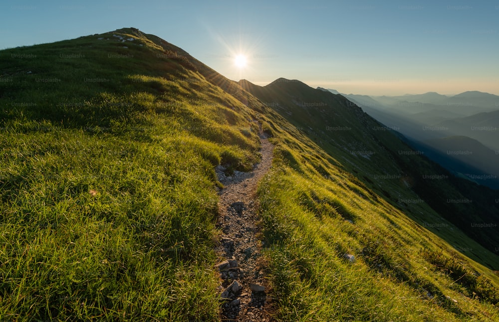 the sun is setting on a grassy hill