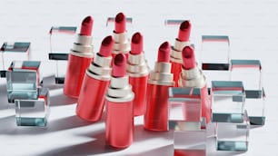 a group of red lipsticks sitting next to each other