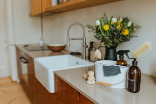 a kitchen counter with a sink and soap dispenser