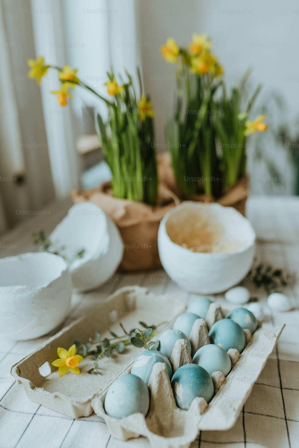 a tray of eggs sitting on a table