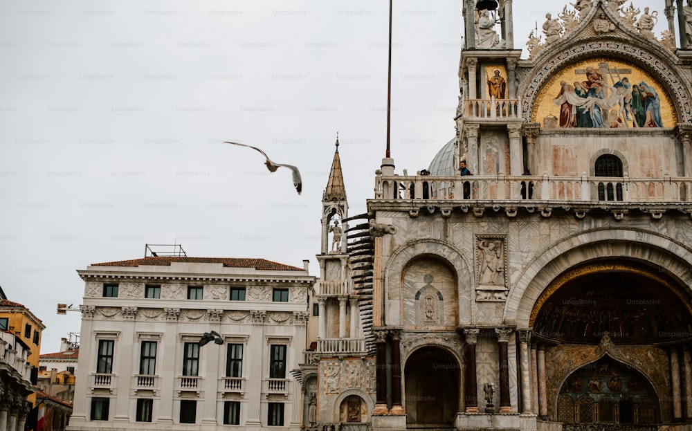 a church with a bird flying over it