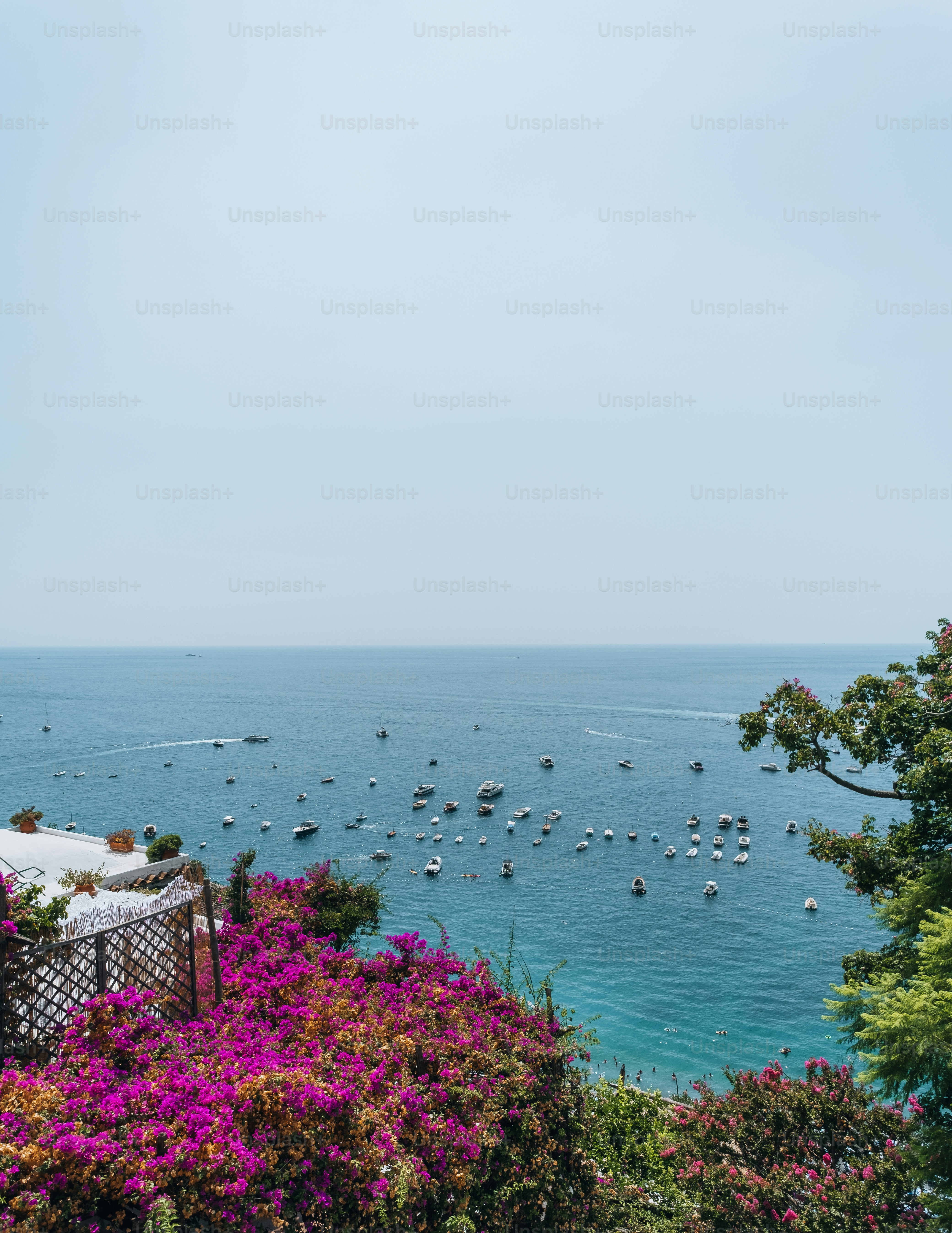 a large body of water surrounded by trees and flowers