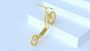 uma bicicleta de ouro é mostrada em uma superfície branca