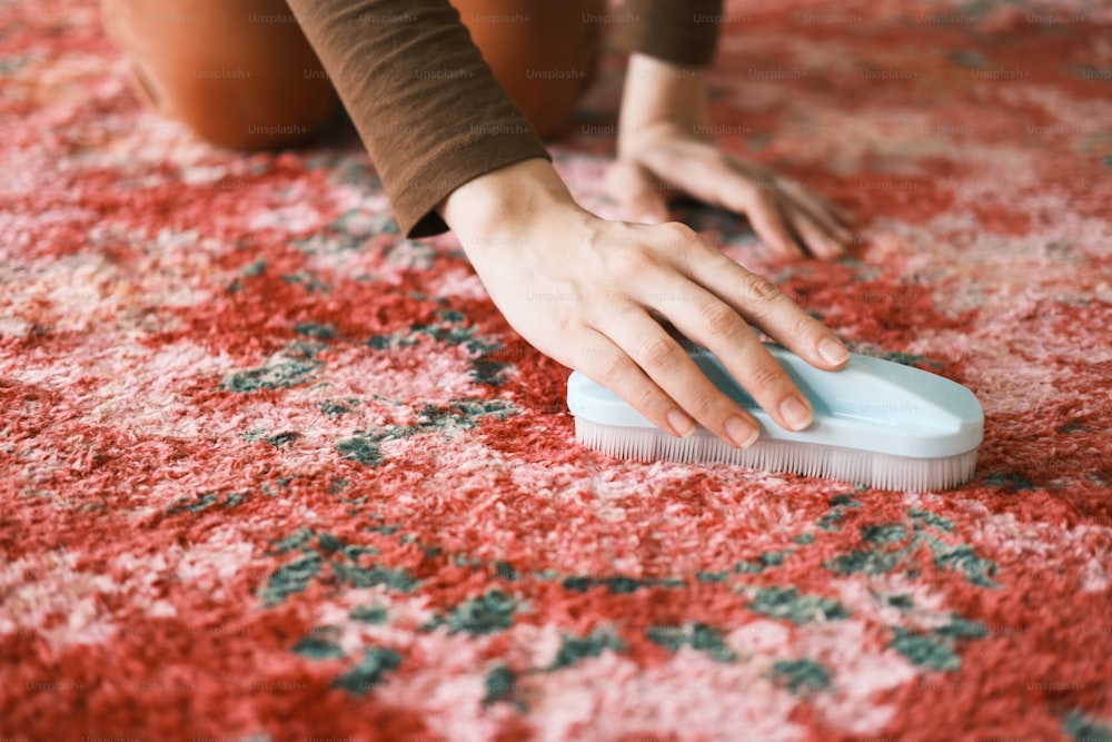 a person is cleaning a rug with a brush
