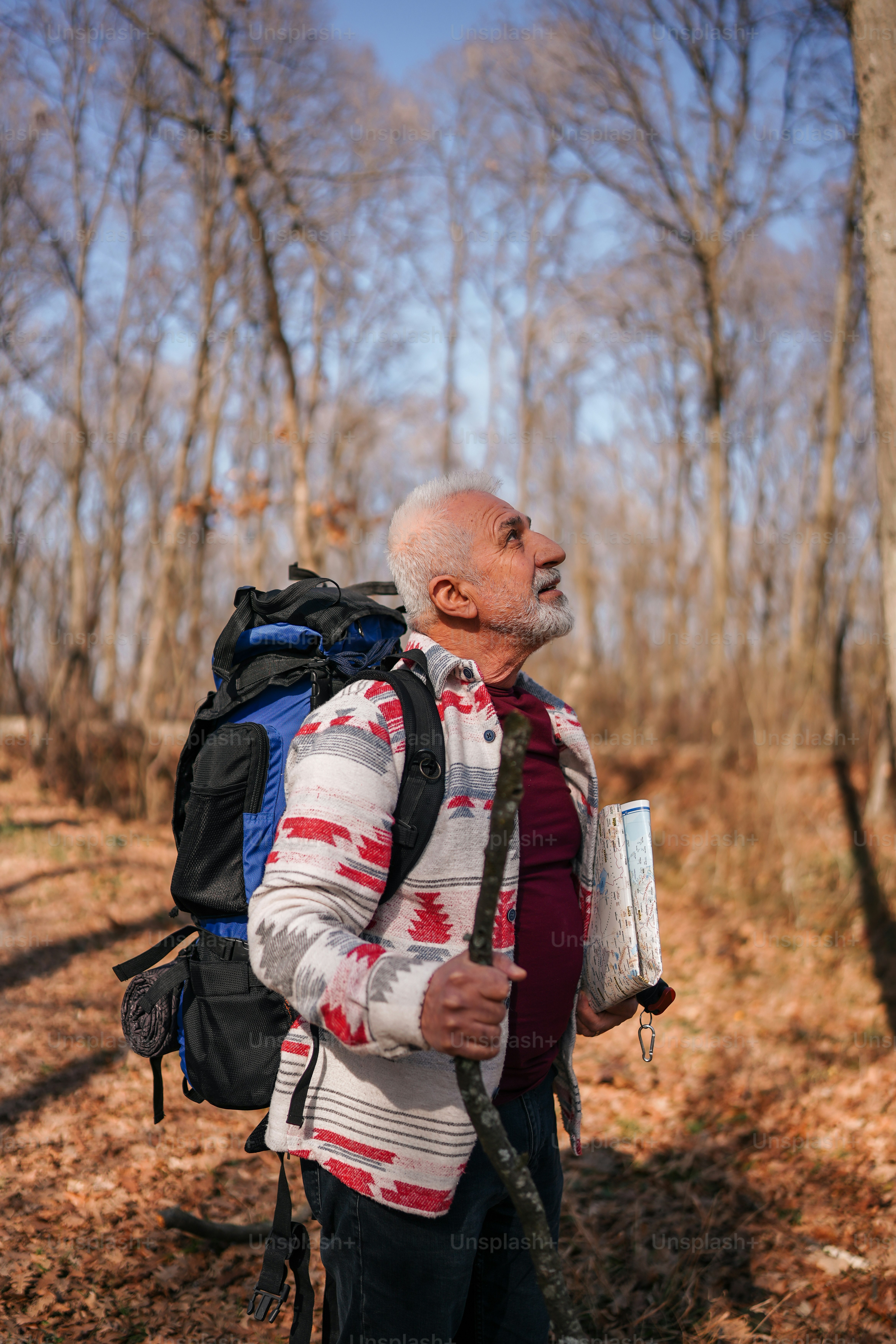 A man with a backpack standing in the woods photo – Hiking Image on ...