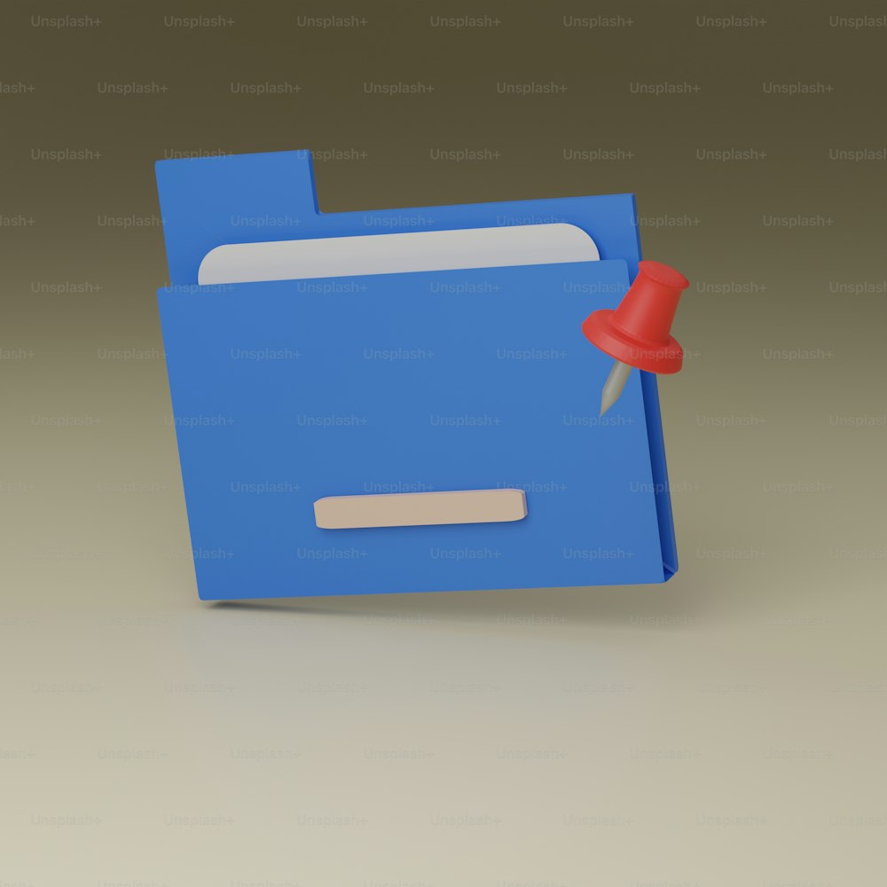 a blue folder with a red button on it