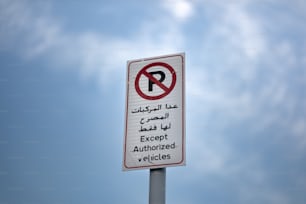 a no parking sign is shown against a blue sky