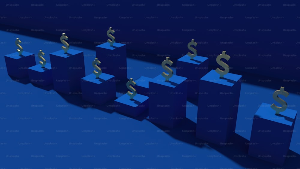 Una fila di blocchi blu con un simbolo del dollaro in cima