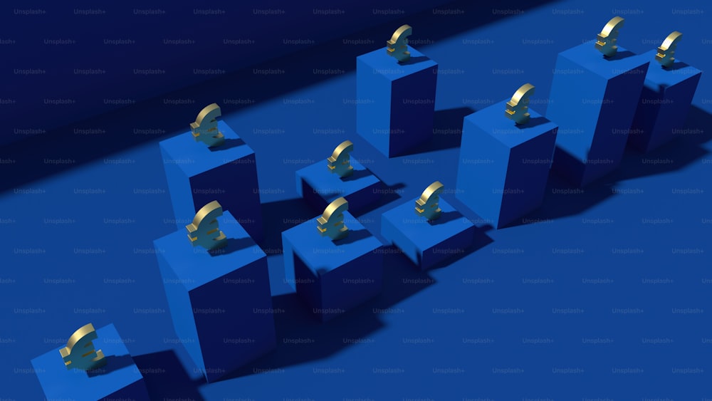 a number of blue blocks with a gold object on top