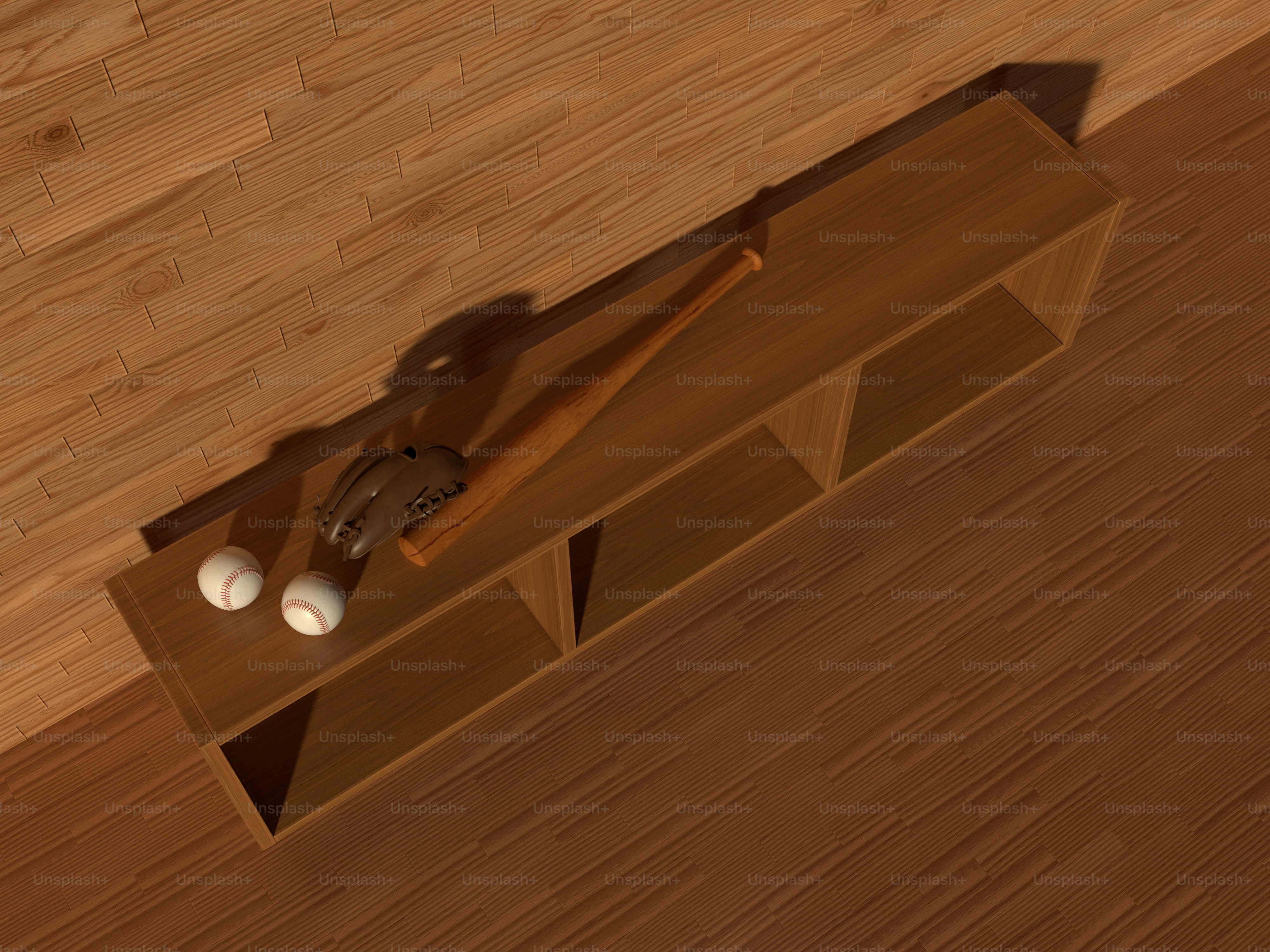 a baseball bat, baseballs, and a baseball on a shelf