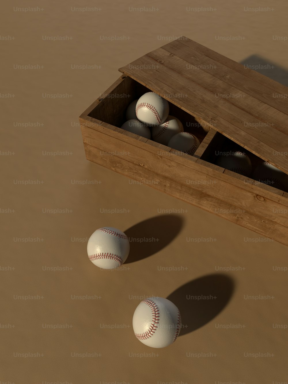 a wooden box with three baseballs inside of it