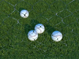Vier Basebälle sitzen im Gras hinter einem Zaun