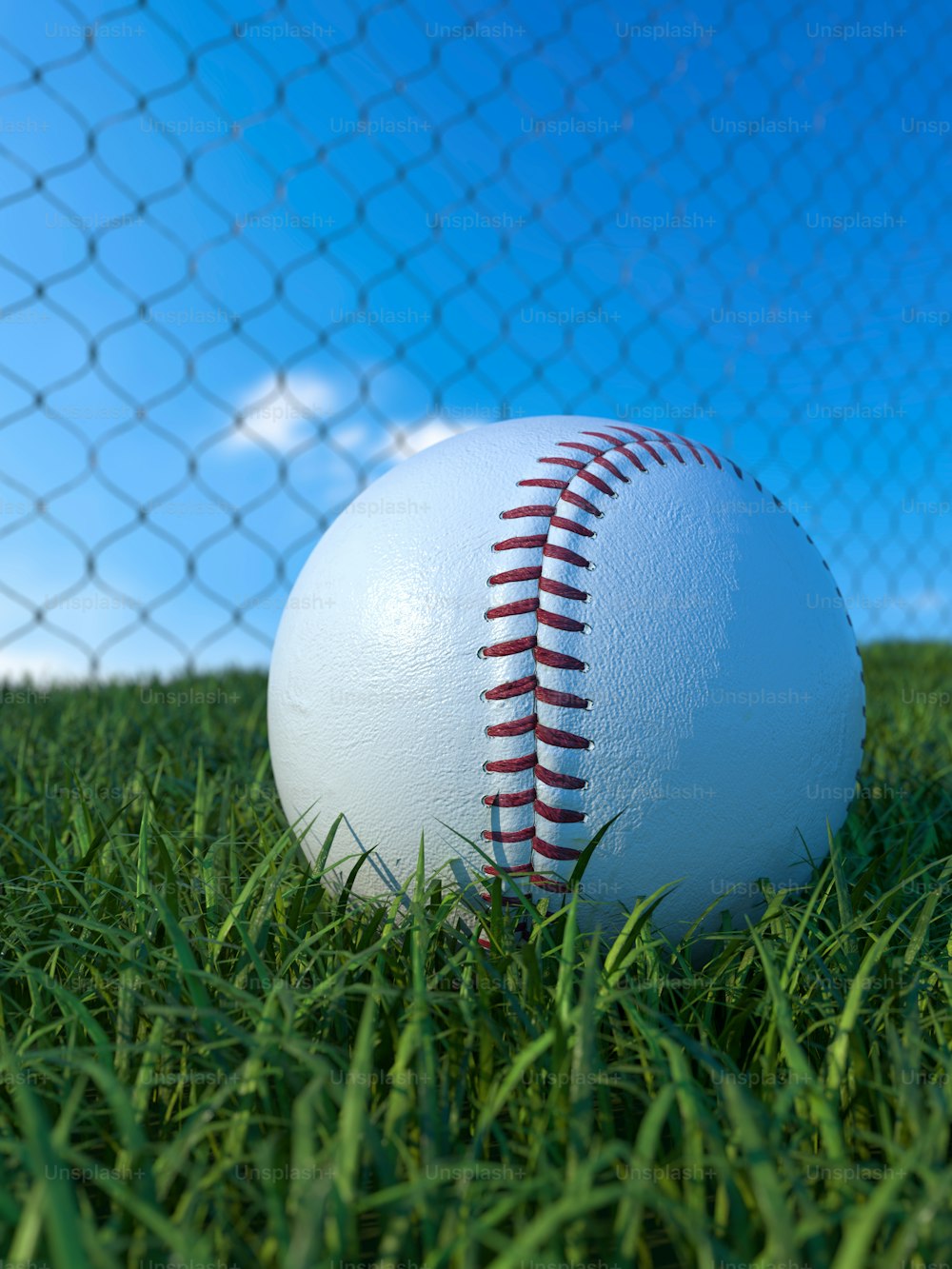 a baseball sitting on top of a lush green field