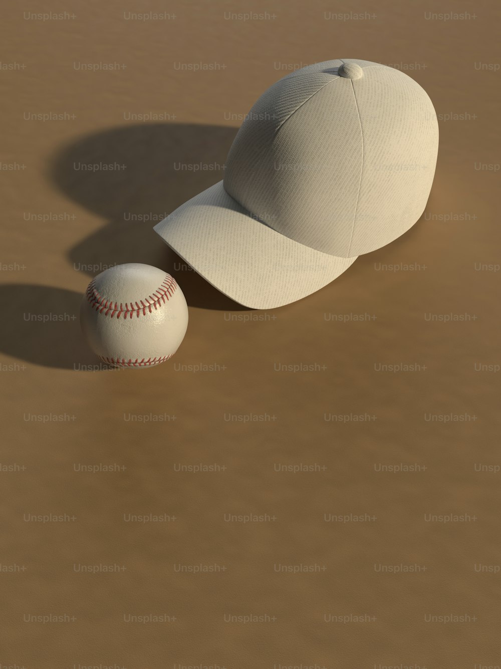 a baseball and a baseball cap on a brown surface