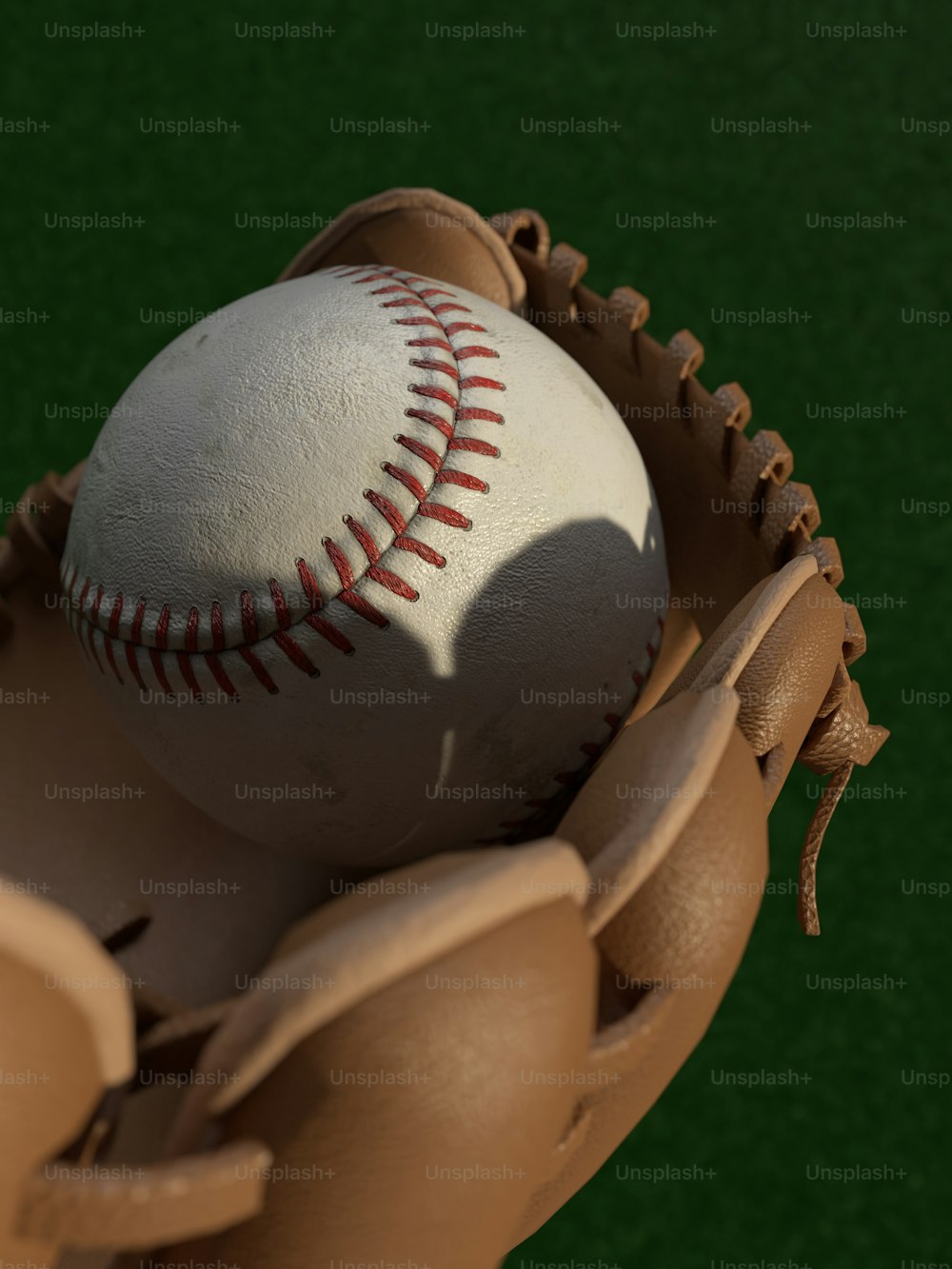 Una pelota de béisbol con un guante en un campo verde
