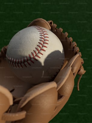a baseball in a glove on a green field