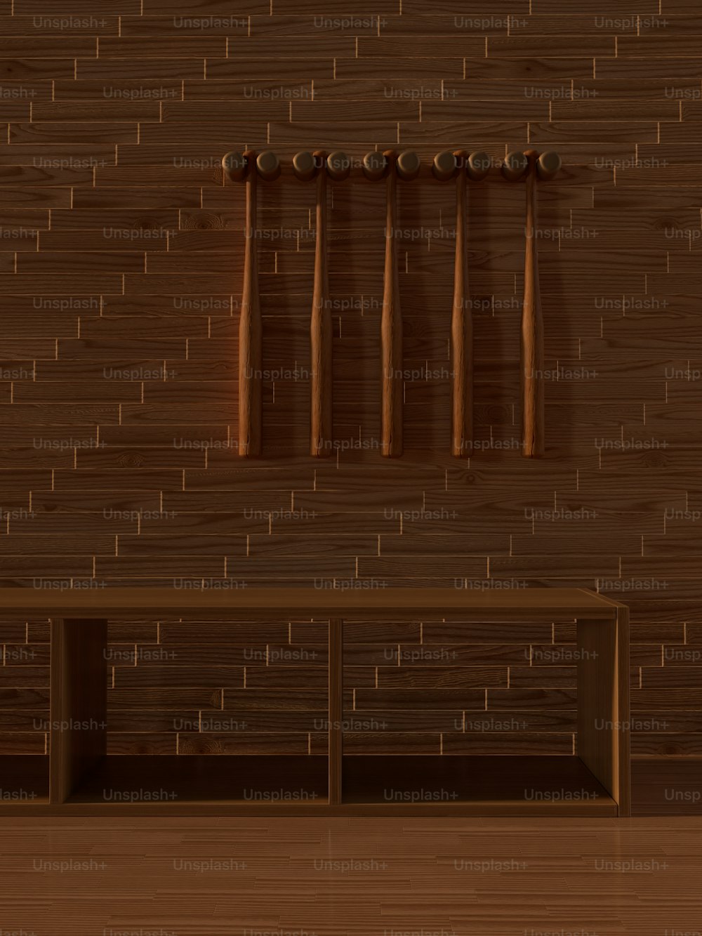una habitación con un banco y una pared de madera