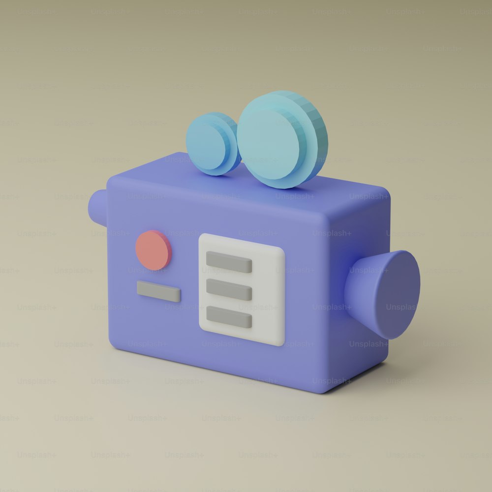 una fotocamera giocattolo blu con due pulsanti sopra di essa