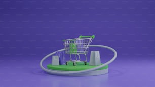 a shopping cart sitting on top of a green stand