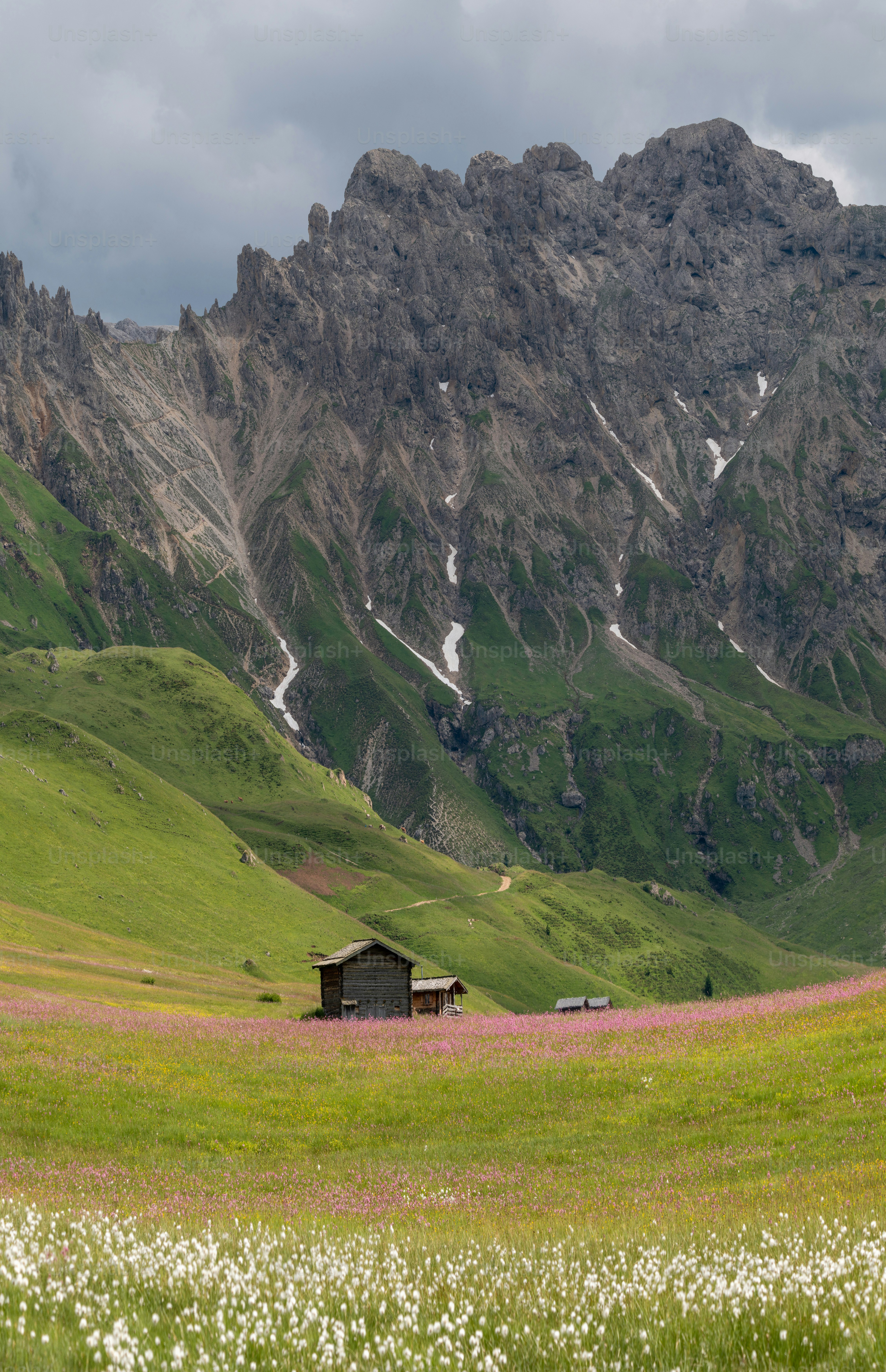 a grassy field with a house in the middle of it