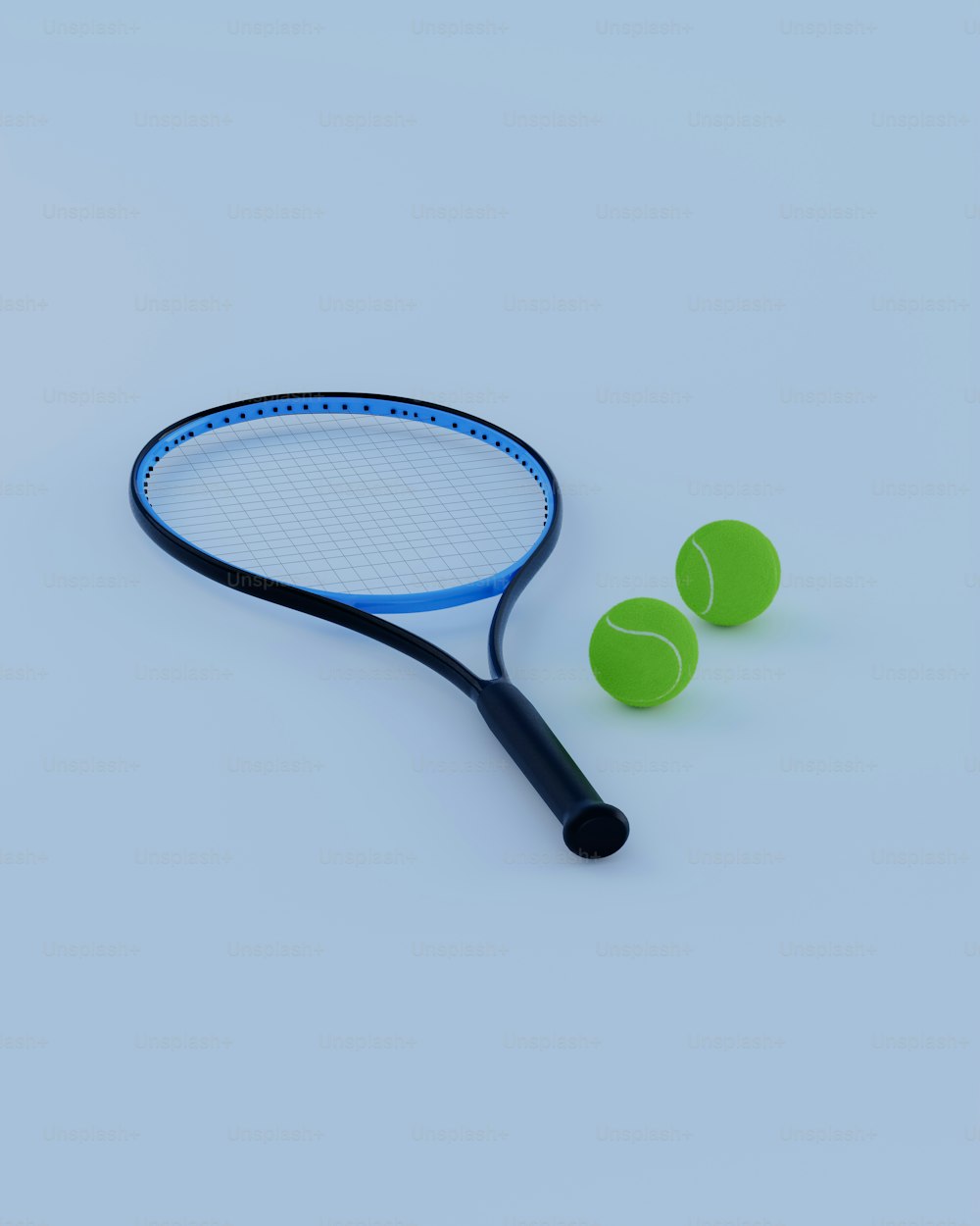 a tennis racket and two tennis balls