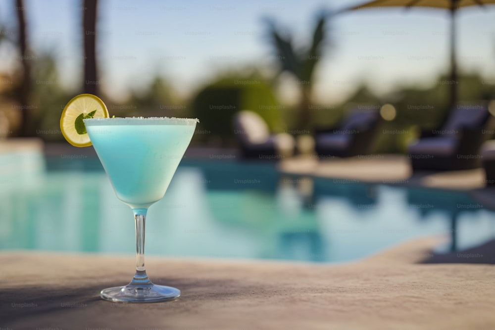 a blue cocktail sitting next to a swimming pool