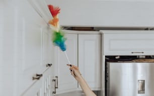 a woman holding a colorful feather wand in a kitchen
