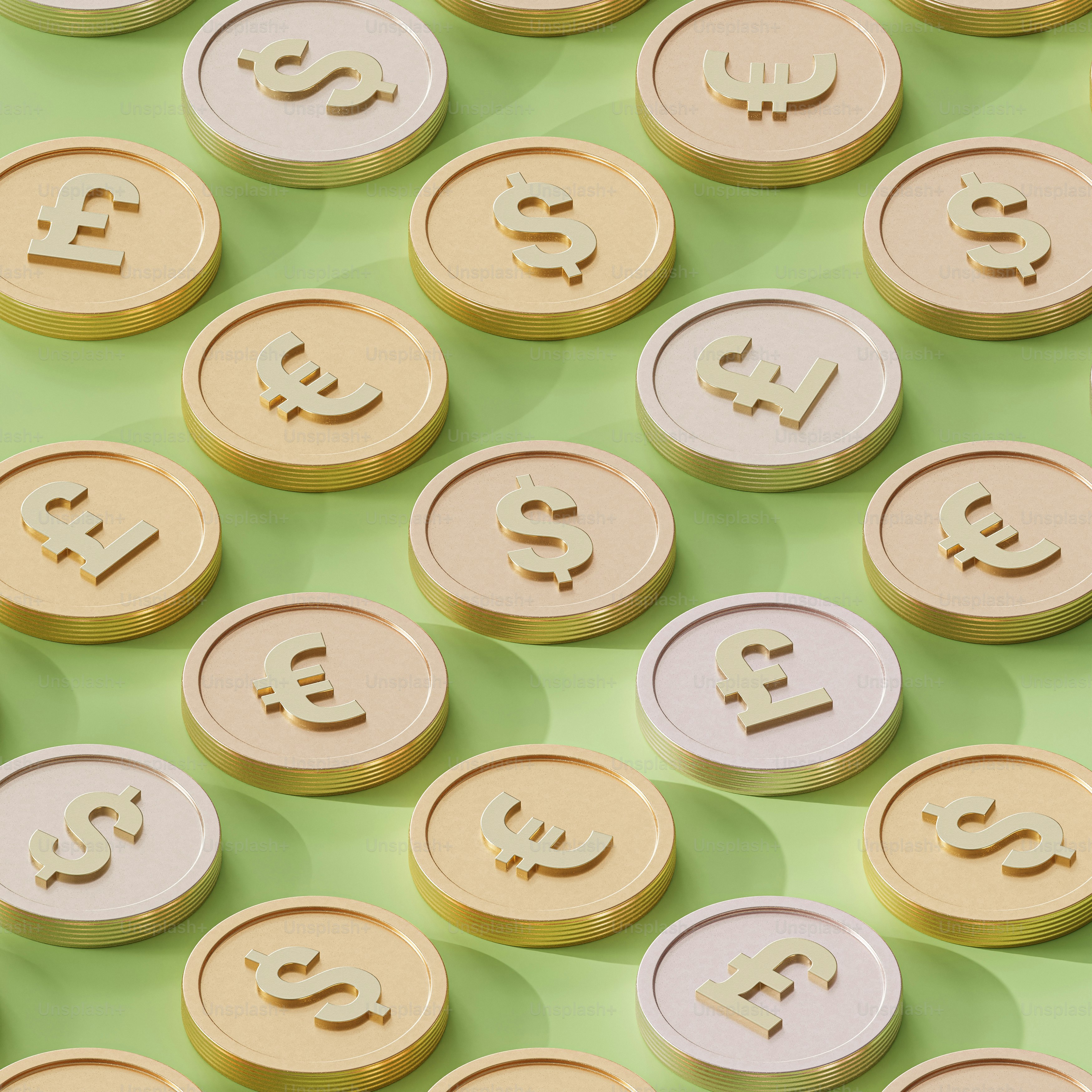 un gruppo di monete d'oro e d'argento con simboli di valuta su di esse